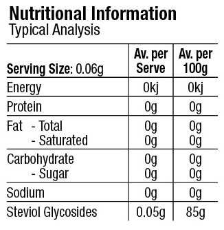 Nirvana Stevia Powder Nutritional Panel