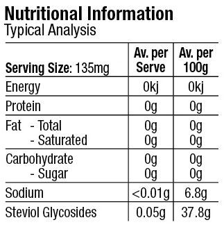 Nirvana Stevia Tablets Nutritional Panel